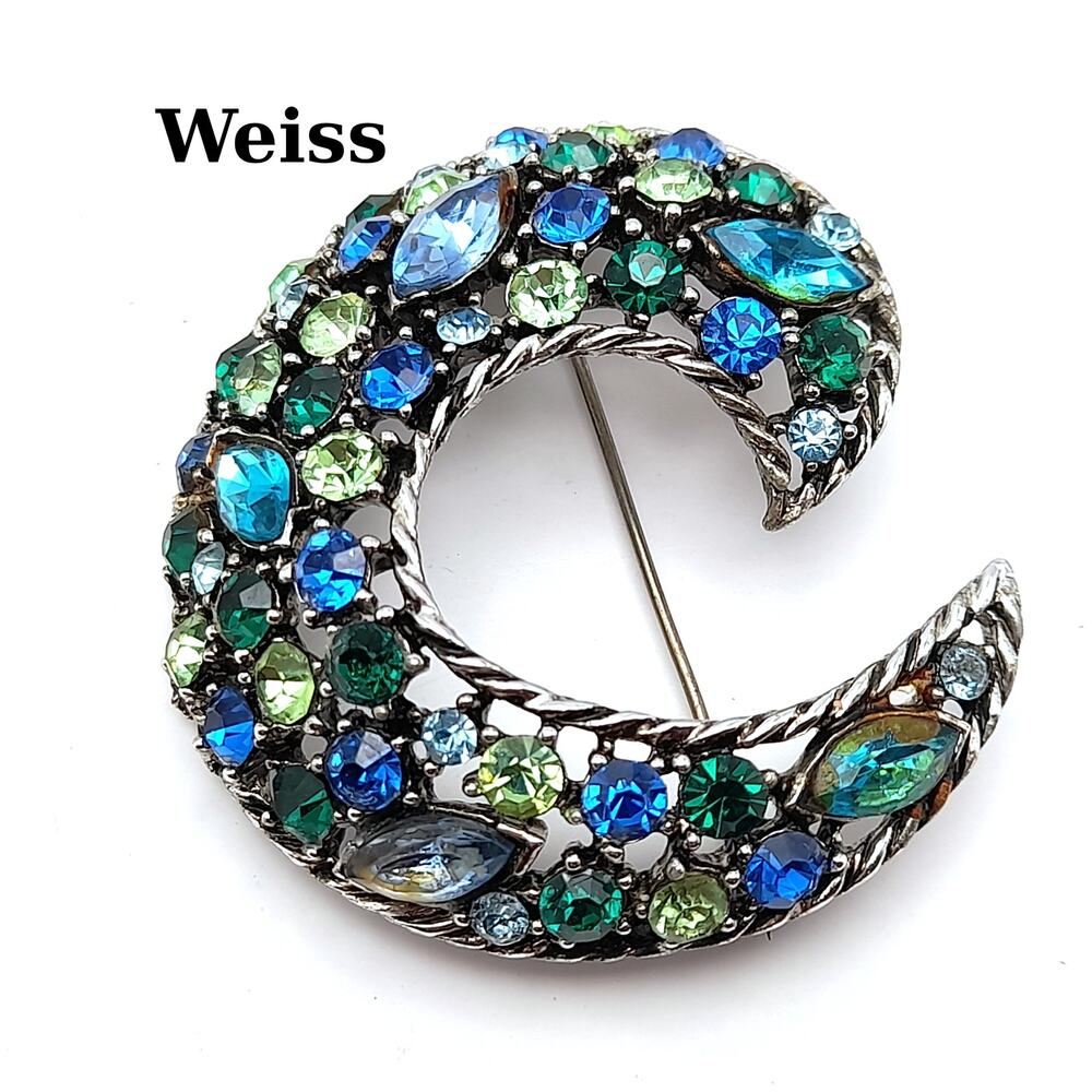 Vintage Weiss Blue Green Rhinestone Crescent Moon Brooch Silver Tone Signed
